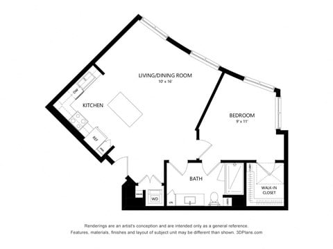 Floor plan for 1 bed, 1 bath, 832 sqft